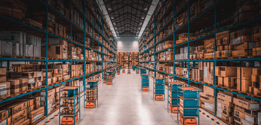 Automated warehouse, robots moving throughout warehouse